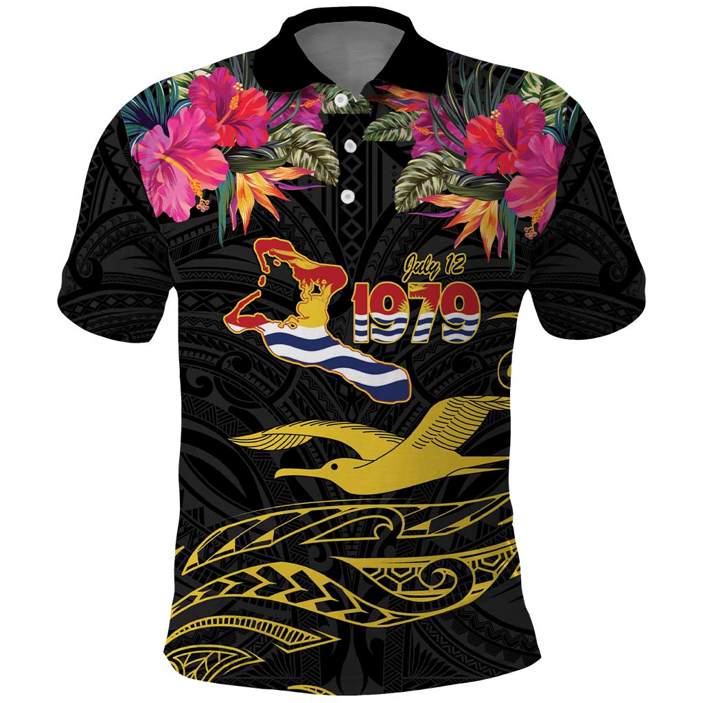 Kiribati Independence Day Personalised Polo Shirt Gold Frigatebird with Polynesian Pattern