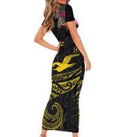 Kiribati Independence Day Personalised Short Sleeve Bodycon Dress Gold Frigatebird with Polynesian Pattern
