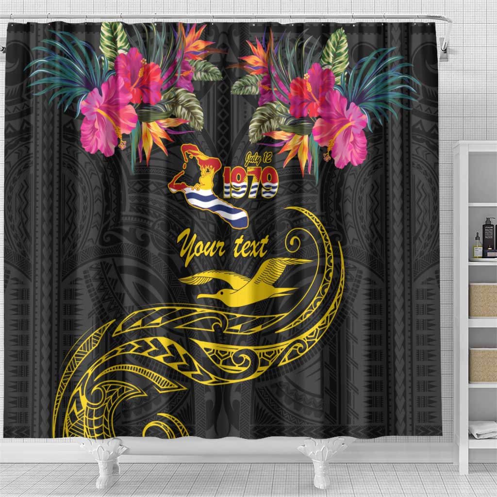 Kiribati Independence Day Personalised Shower Curtain Gold Frigatebird with Polynesian Pattern