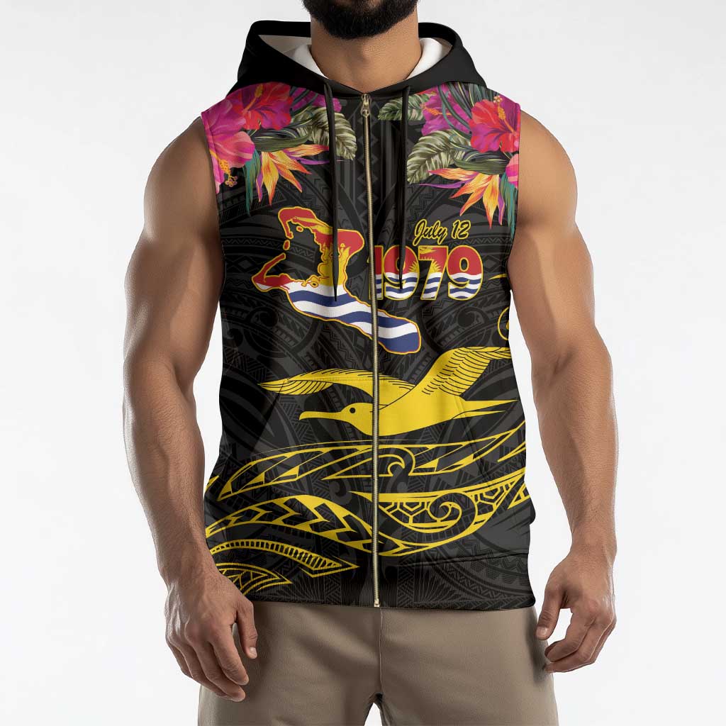 Kiribati Independence Day Personalised Sleeveless Zip Hoodie Gold Frigatebird with Polynesian Pattern - Polynesian Pride