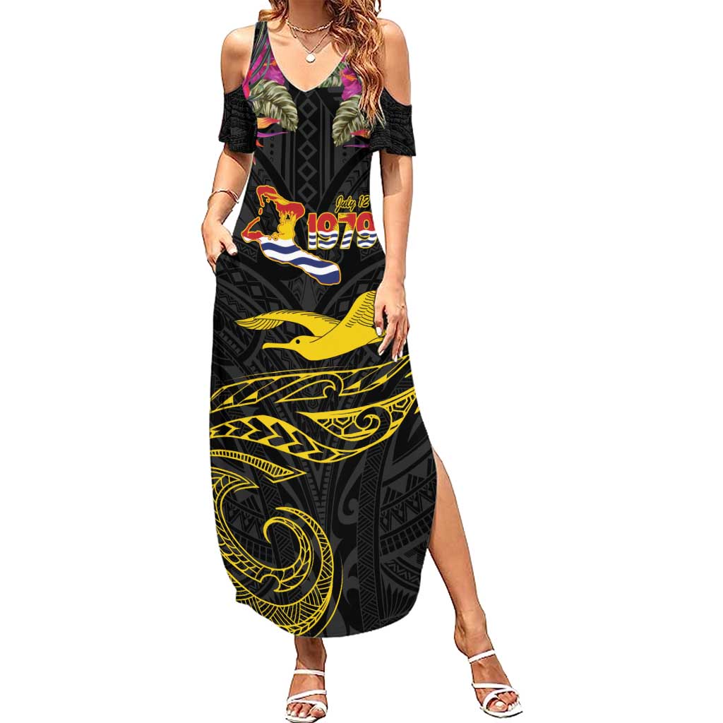 Kiribati Independence Day Personalised Summer Maxi Dress Gold Frigatebird with Polynesian Pattern