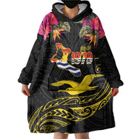 Kiribati Independence Day Personalised Wearable Blanket Hoodie Gold Frigatebird with Polynesian Pattern