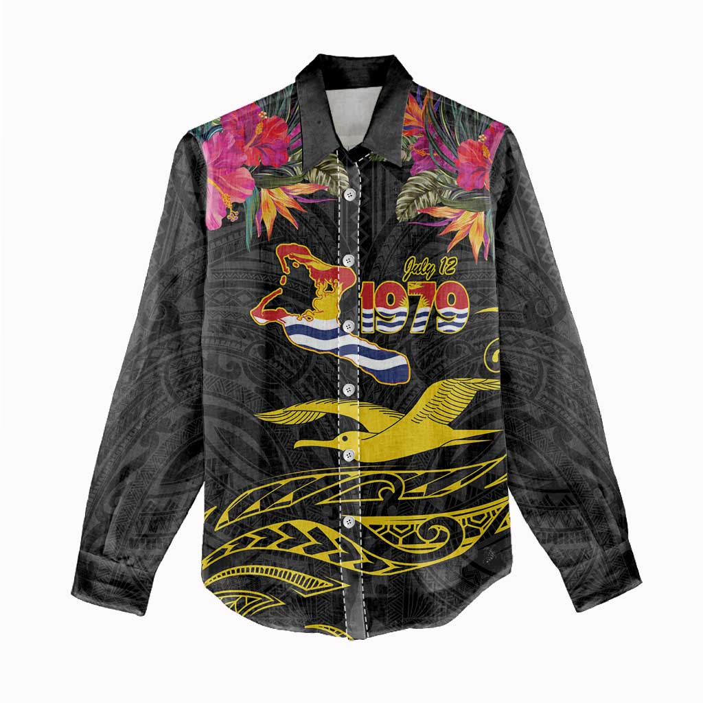 Kiribati Independence Day Personalised Women Casual Shirt Gold Frigatebird with Polynesian Pattern