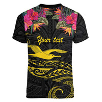 Kiribati Independence Day Personalised Women V-Neck T-Shirt Gold Frigatebird with Polynesian Pattern