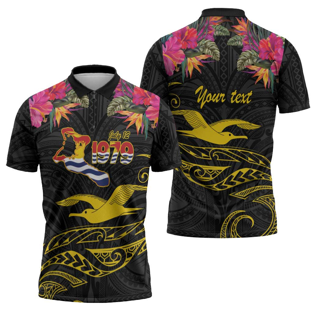 Kiribati Independence Day Personalised Zipper Polo Shirt Gold Frigatebird with Polynesian Pattern - Polynesian Pride