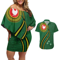 Manua Islands Polynesian Style Couples Matching Off Shoulder Short Dress and Hawaiian Shirt