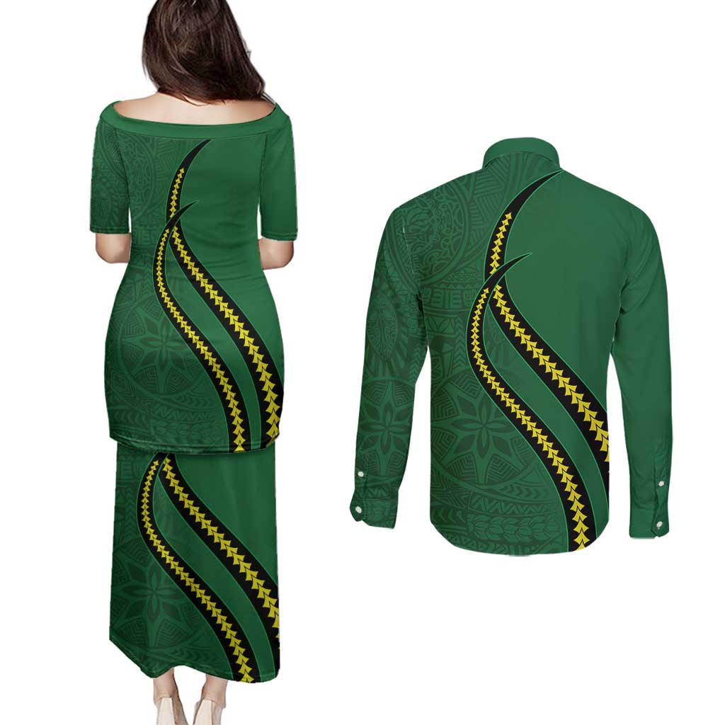 Manua Islands Polynesian Style Couples Matching Puletasi and Long Sleeve Button Shirt