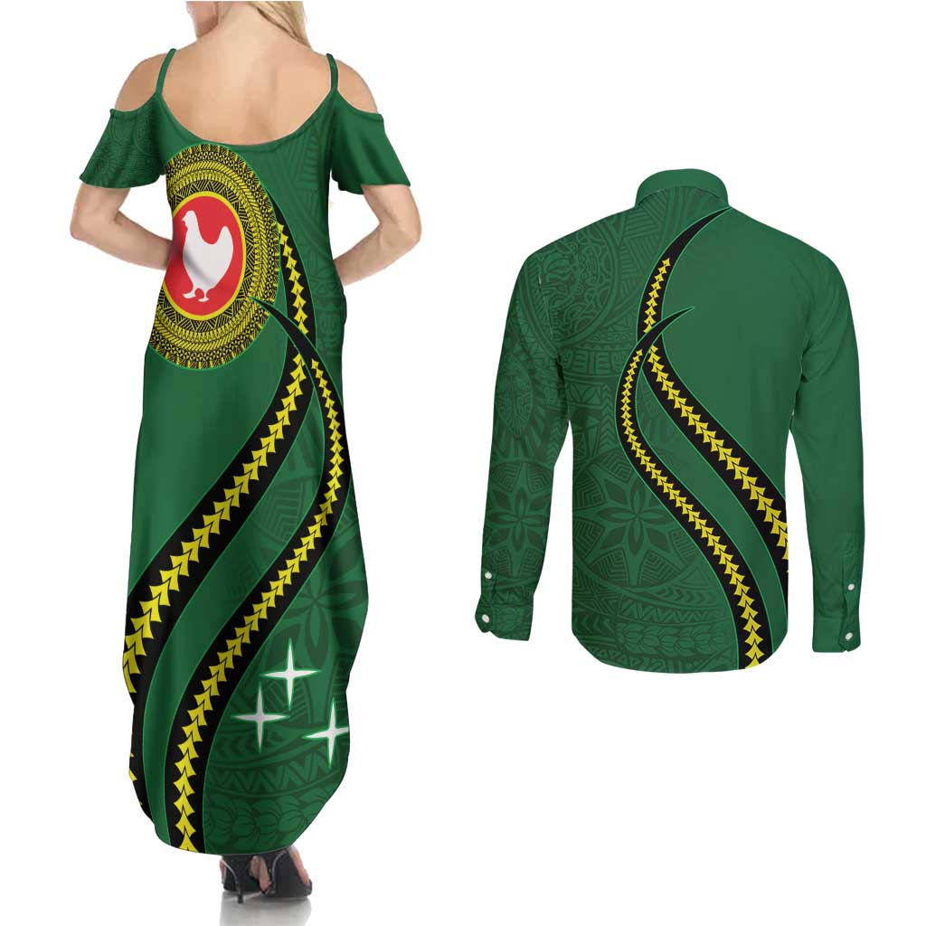 Manua Islands Polynesian Style Couples Matching Summer Maxi Dress and Long Sleeve Button Shirt