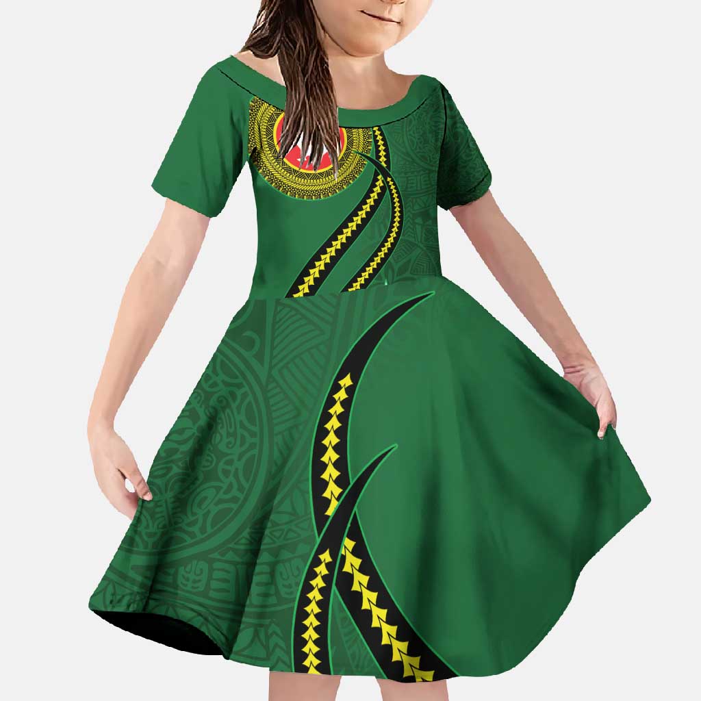 Manua Islands Polynesian Style Family Matching Long Sleeve Bodycon Dress and Hawaiian Shirt LT9 Daughter's Dress Green - Polynesian Pride