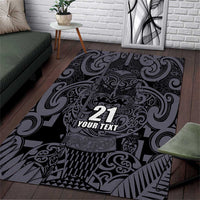 Custom New Zealand Taiaha Maori Area Rug Minimalist Silver Fern All Black - Polynesian Pride