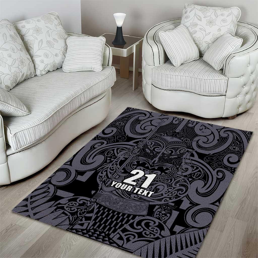 Custom New Zealand Taiaha Maori Area Rug Minimalist Silver Fern All Black - Polynesian Pride