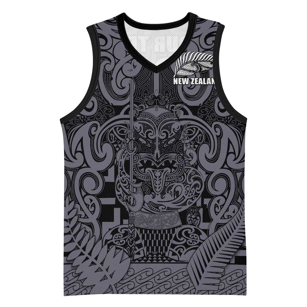 Custom New Zealand Taiaha Maori Basketball Jersey Minimalist Silver Fern All Black LT9 Unisex Black - Polynesian Pride