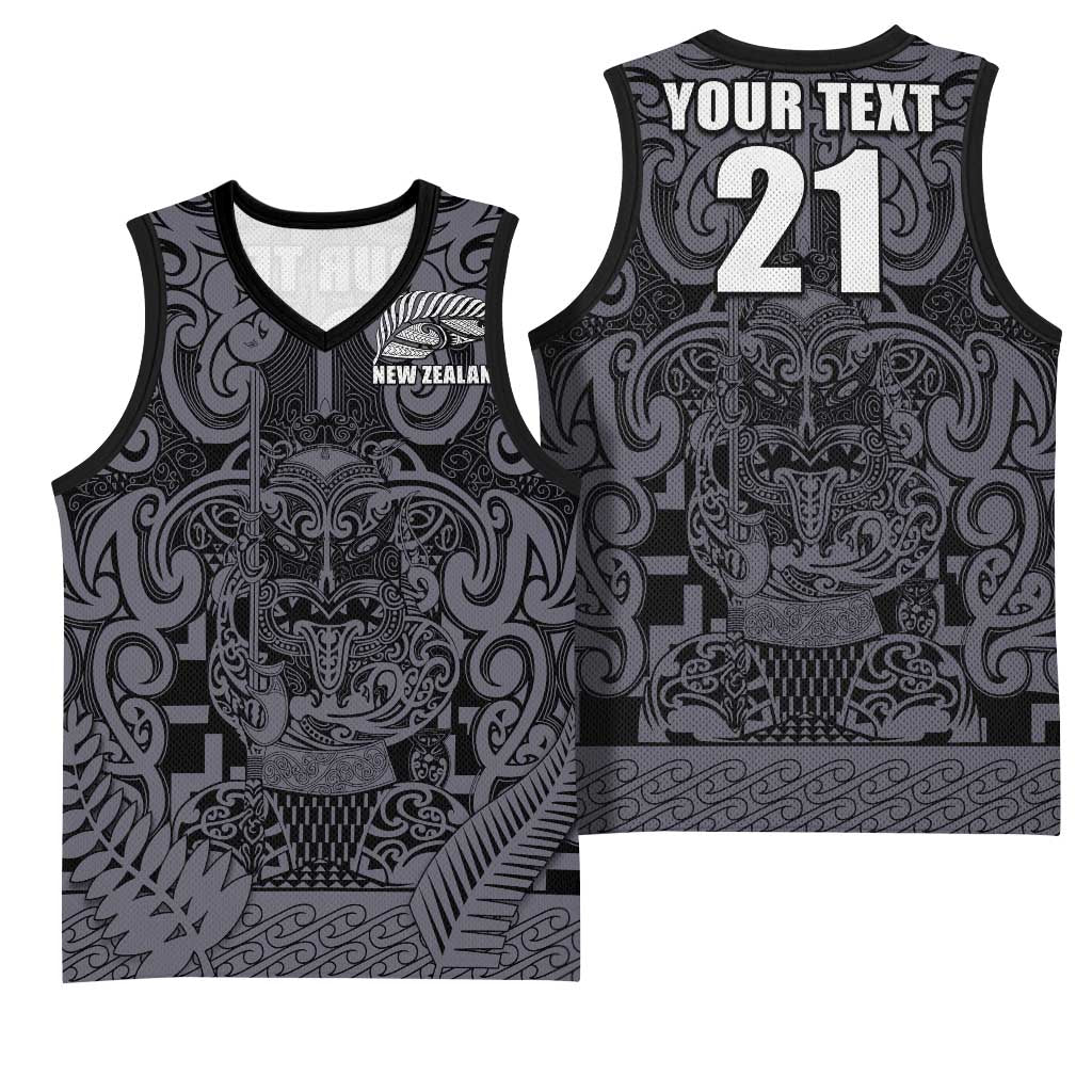 Custom New Zealand Taiaha Maori Basketball Jersey Minimalist Silver Fern All Black LT9 - Polynesian Pride