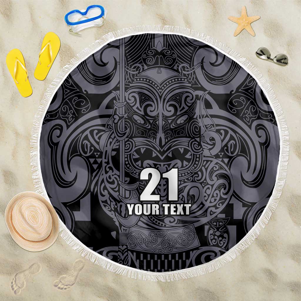 Custom New Zealand Taiaha Maori Beach Blanket Minimalist Silver Fern All Black - Polynesian Pride