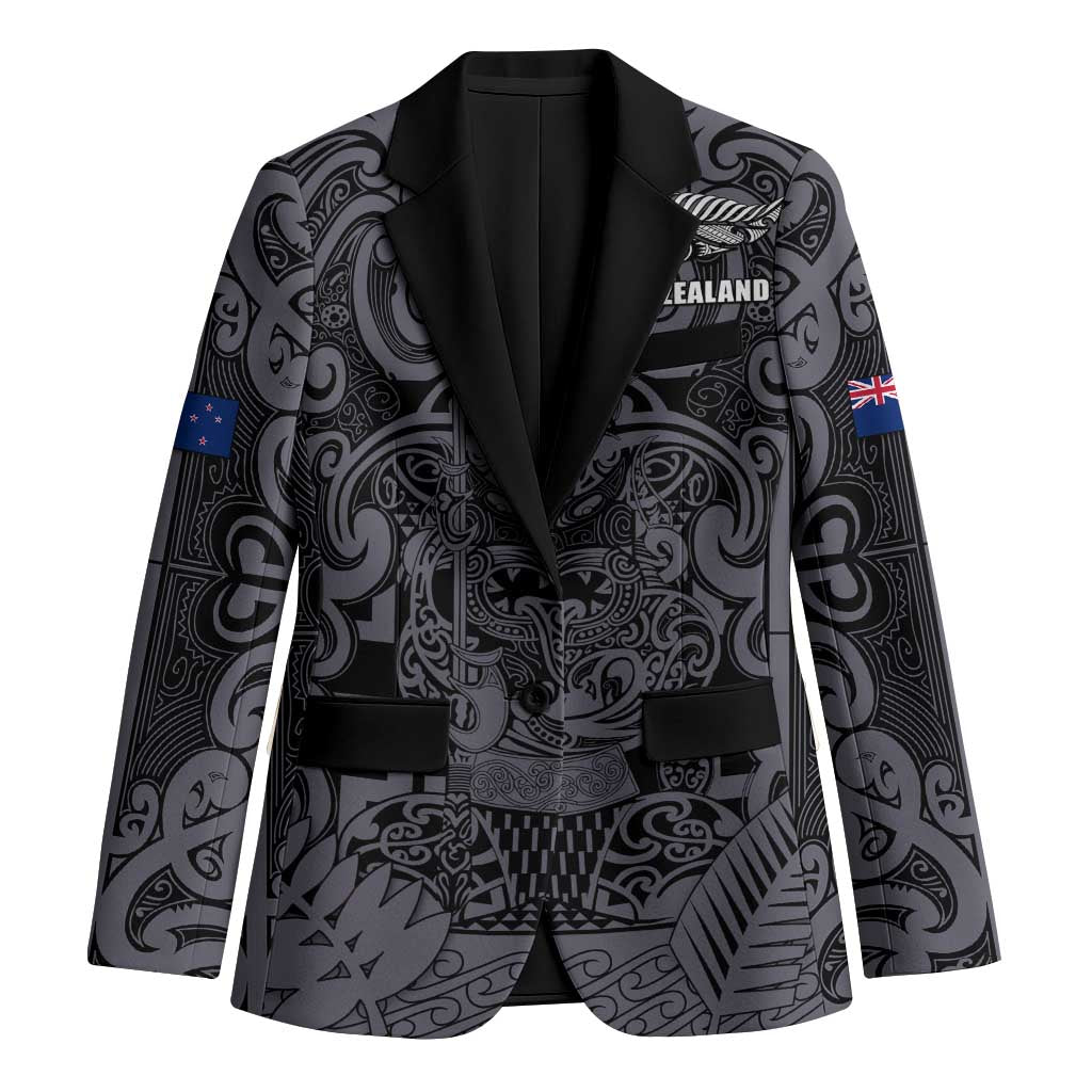 Custom New Zealand Taiaha Maori Blazer Minimalist Silver Fern All Black - Polynesian Pride