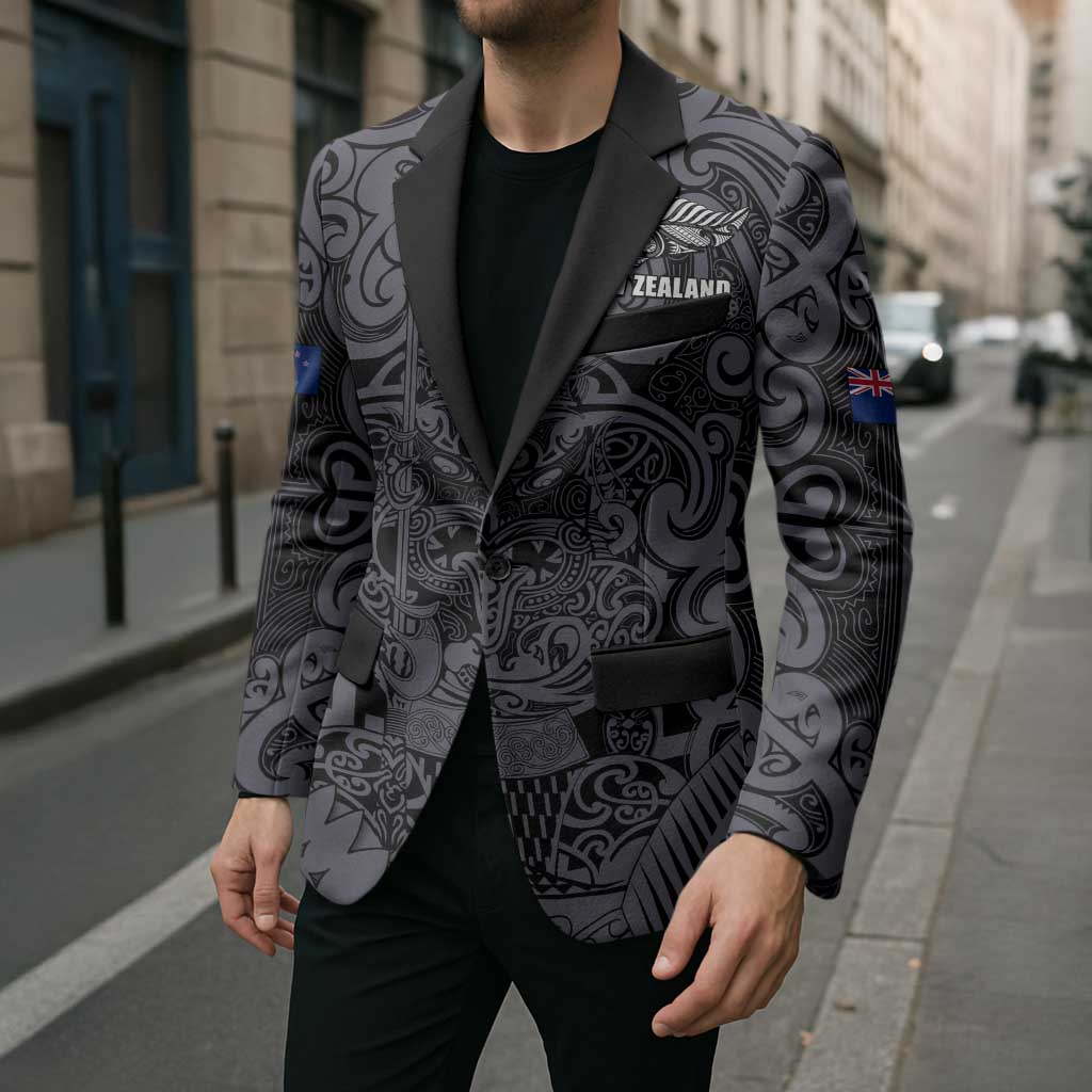 Custom New Zealand Taiaha Maori Blazer Minimalist Silver Fern All Black - Polynesian Pride