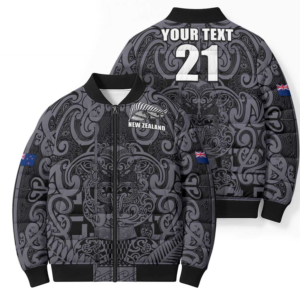Custom New Zealand Taiaha Maori Bomber Puffer Jacket Minimalist Silver Fern All Black - Polynesian Pride