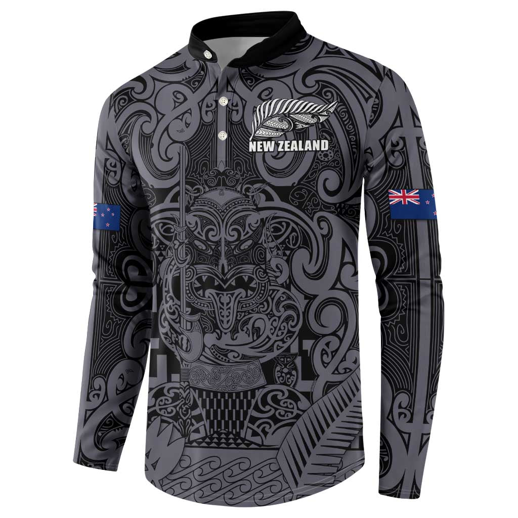 Custom New Zealand Taiaha Maori Button Sweatshirt Minimalist Silver Fern All Black LT9 - Polynesian Pride