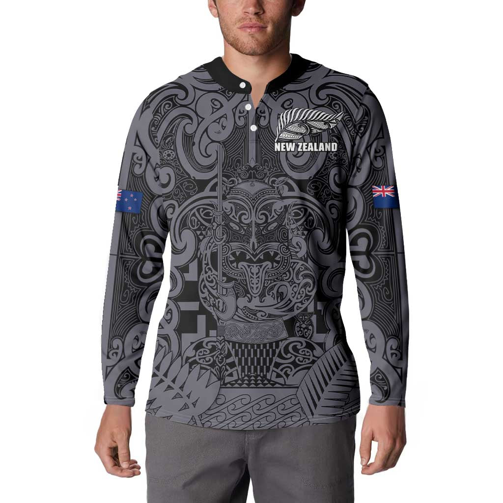 Custom New Zealand Taiaha Maori Button Sweatshirt Minimalist Silver Fern All Black LT9 - Polynesian Pride