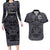 Custom New Zealand Taiaha Maori Couples Matching Long Sleeve Bodycon Dress and Hawaiian Shirt Minimalist Silver Fern All Black - Polynesian Pride