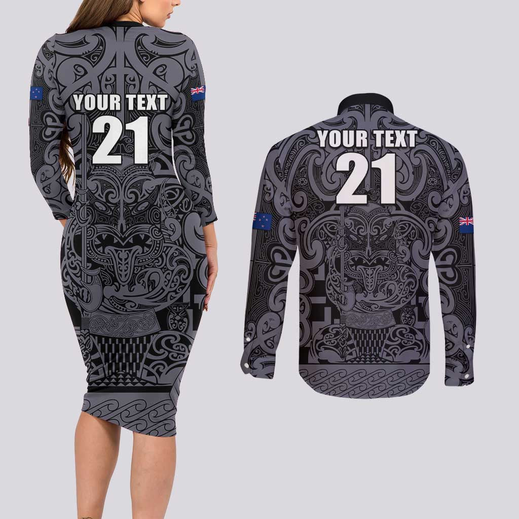 Custom New Zealand Taiaha Maori Couples Matching Long Sleeve Bodycon Dress and Long Sleeve Button Shirt Minimalist Silver Fern All Black - Polynesian Pride