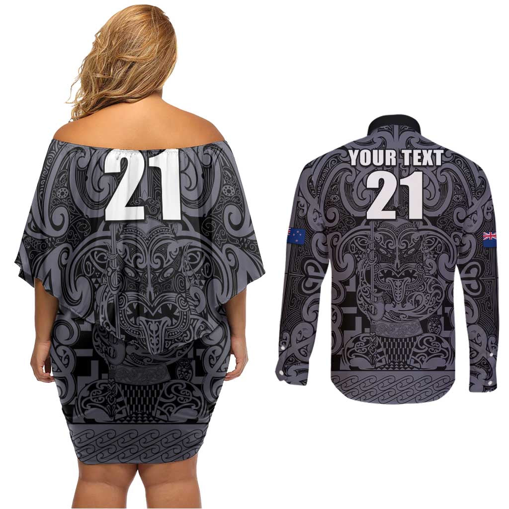 Custom New Zealand Taiaha Maori Couples Matching Off Shoulder Short Dress and Long Sleeve Button Shirt Minimalist Silver Fern All Black - Polynesian Pride