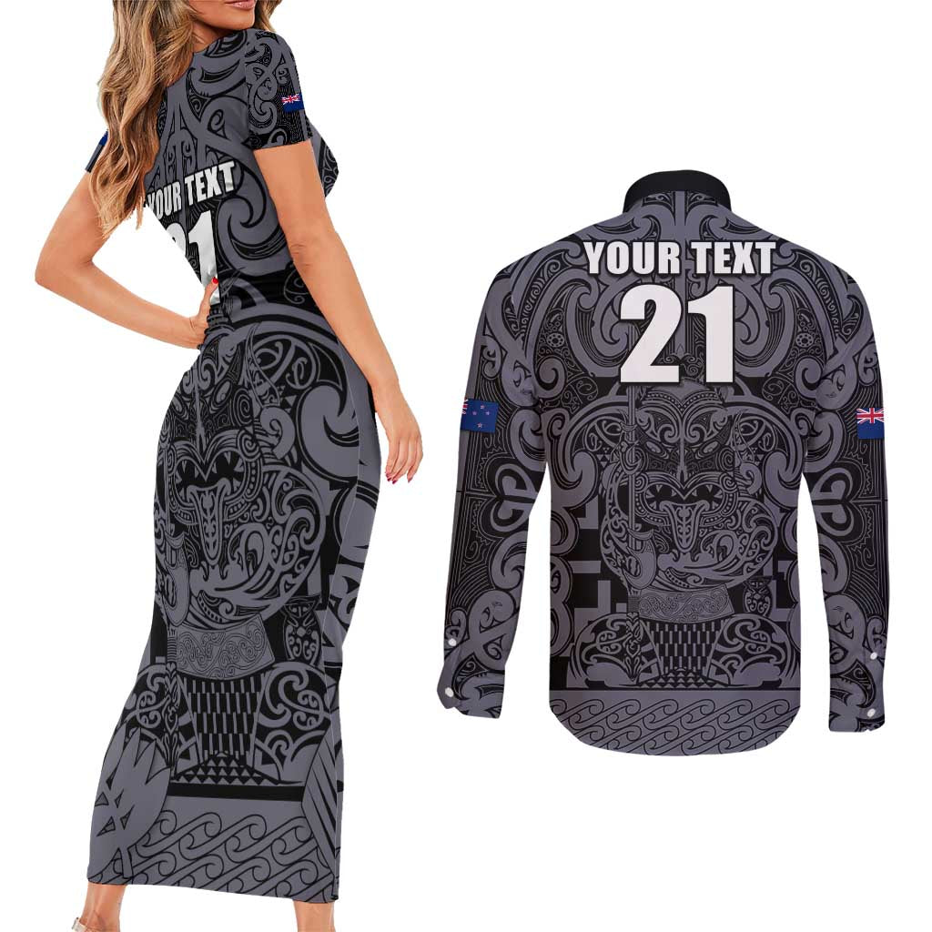 Custom New Zealand Taiaha Maori Couples Matching Short Sleeve Bodycon Dress and Long Sleeve Button Shirt Minimalist Silver Fern All Black - Polynesian Pride