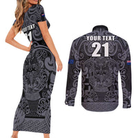 Custom New Zealand Taiaha Maori Couples Matching Short Sleeve Bodycon Dress and Long Sleeve Button Shirt Minimalist Silver Fern All Black - Polynesian Pride