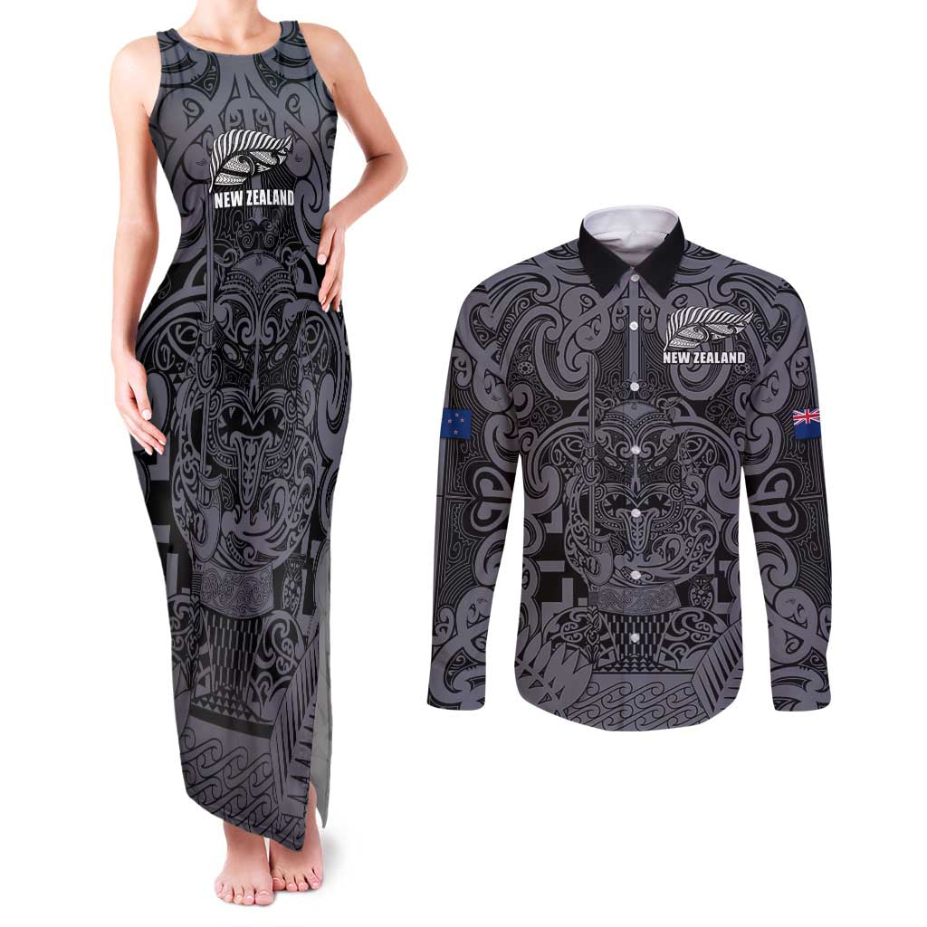 Custom New Zealand Taiaha Maori Couples Matching Tank Maxi Dress and Long Sleeve Button Shirt Minimalist Silver Fern All Black LT9 Black - Polynesian Pride