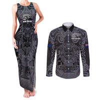 Custom New Zealand Taiaha Maori Couples Matching Tank Maxi Dress and Long Sleeve Button Shirt Minimalist Silver Fern All Black LT9 Black - Polynesian Pride