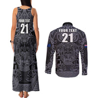 Custom New Zealand Taiaha Maori Couples Matching Tank Maxi Dress and Long Sleeve Button Shirt Minimalist Silver Fern All Black LT9 - Polynesian Pride