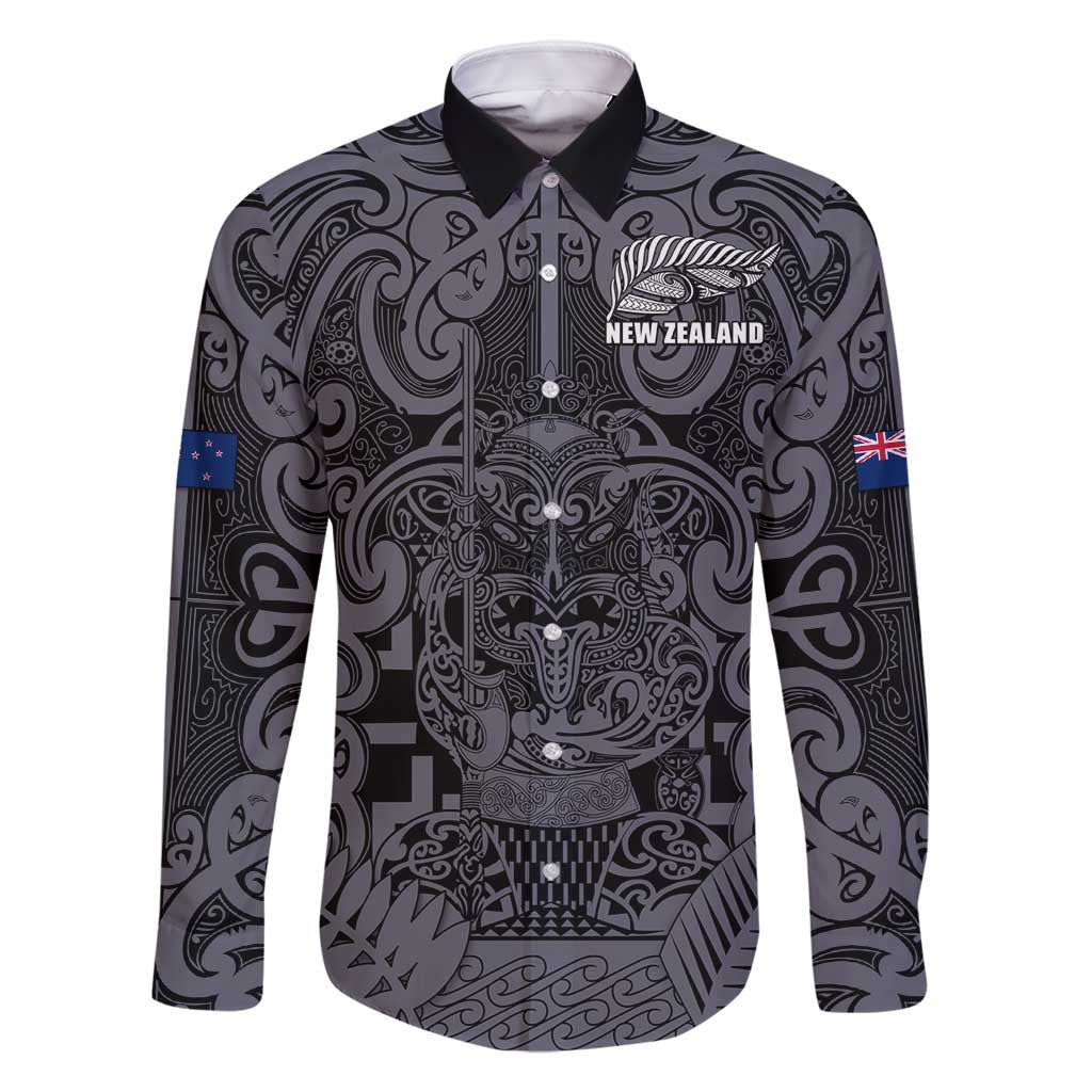 Custom New Zealand Taiaha Maori Family Matching Long Sleeve Bodycon Dress and Hawaiian Shirt Minimalist Silver Fern All Black - Polynesian Pride