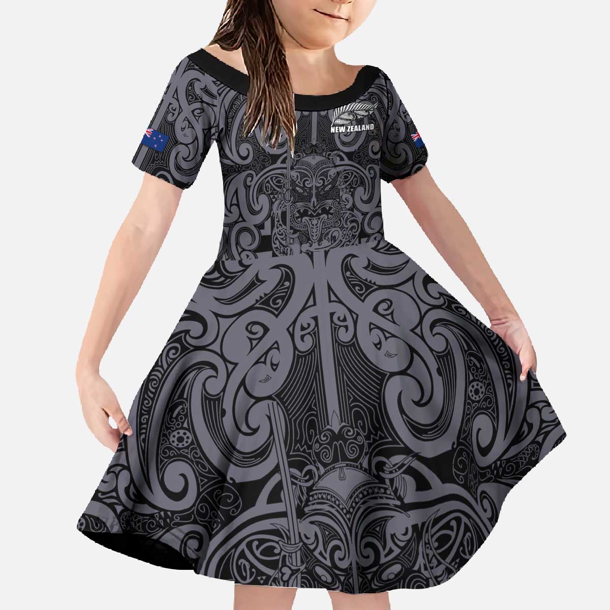 Custom New Zealand Taiaha Maori Family Matching Off The Shoulder Long Sleeve Dress and Hawaiian Shirt Minimalist Silver Fern All Black LT9 Daughter's Dress Black - Polynesian Pride