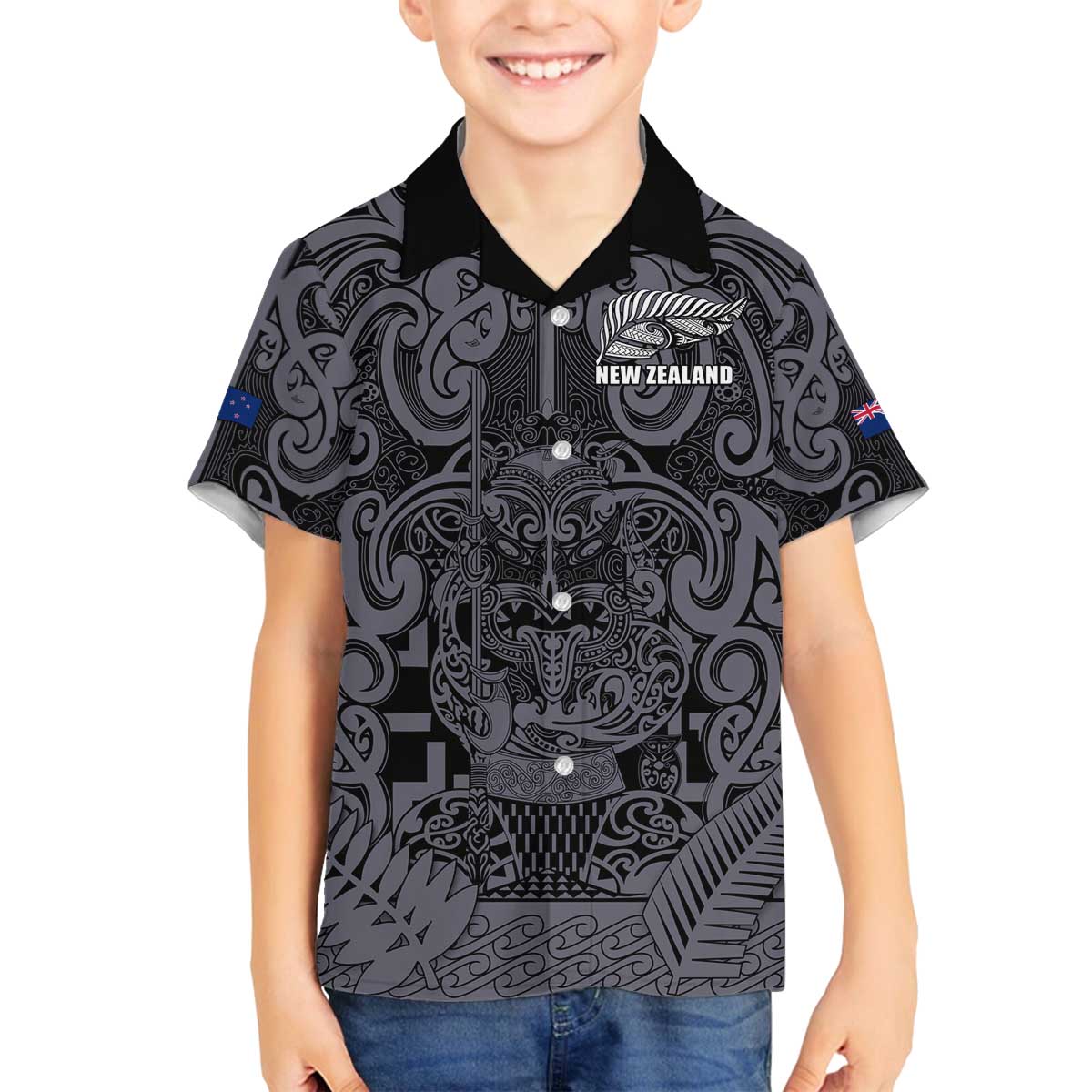 Custom New Zealand Taiaha Maori Family Matching Off The Shoulder Long Sleeve Dress and Hawaiian Shirt Minimalist Silver Fern All Black LT9 Son's Shirt Black - Polynesian Pride