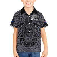 Custom New Zealand Taiaha Maori Family Matching Off The Shoulder Long Sleeve Dress and Hawaiian Shirt Minimalist Silver Fern All Black LT9 Son's Shirt Black - Polynesian Pride