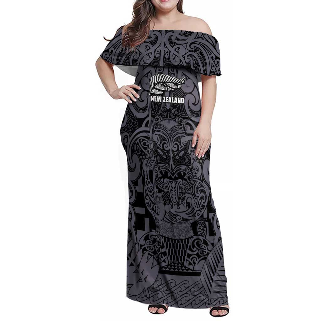 Custom New Zealand Taiaha Maori Family Matching Off Shoulder Maxi Dress and Hawaiian Shirt Minimalist Silver Fern All Black - Polynesian Pride