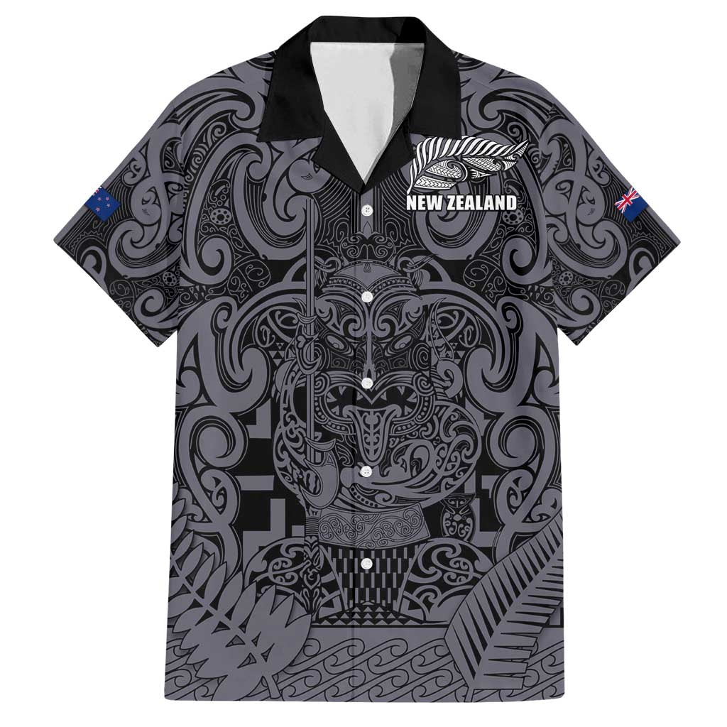 Custom New Zealand Taiaha Maori Family Matching Puletasi and Hawaiian Shirt Minimalist Silver Fern All Black LT9 Dad's Shirt - Short Sleeve Black - Polynesian Pride