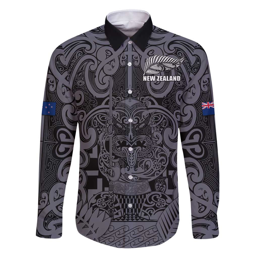Custom New Zealand Taiaha Maori Family Matching Puletasi and Hawaiian Shirt Minimalist Silver Fern All Black LT9 Dad's Shirt - Long Sleeve Black - Polynesian Pride