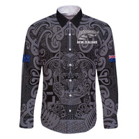 Custom New Zealand Taiaha Maori Family Matching Puletasi and Hawaiian Shirt Minimalist Silver Fern All Black LT9 Dad's Shirt - Long Sleeve Black - Polynesian Pride