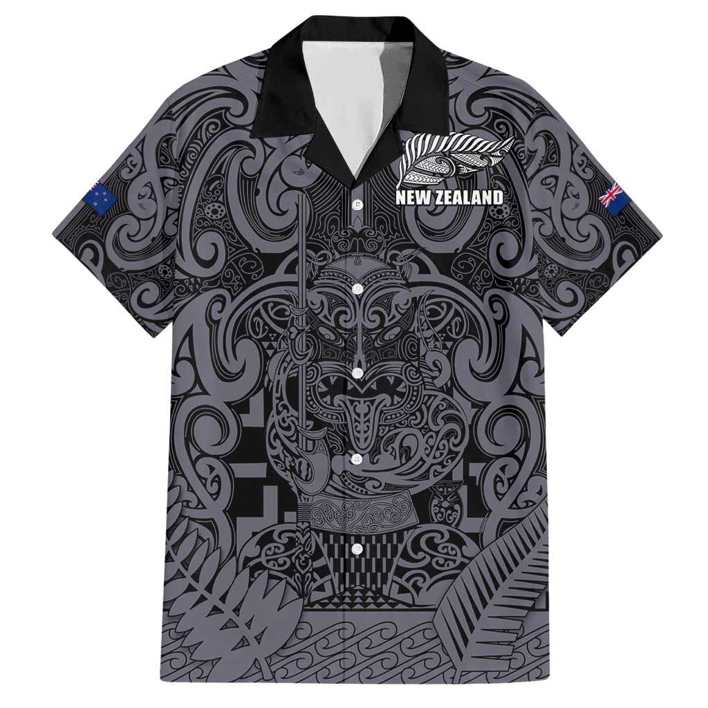 Custom New Zealand Taiaha Maori Family Matching Short Sleeve Bodycon Dress and Hawaiian Shirt Minimalist Silver Fern All Black - Polynesian Pride
