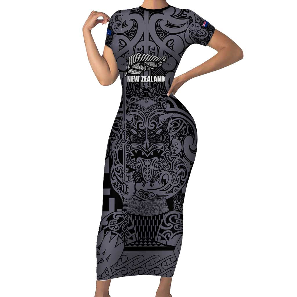 Custom New Zealand Taiaha Maori Family Matching Short Sleeve Bodycon Dress and Hawaiian Shirt Minimalist Silver Fern All Black - Polynesian Pride
