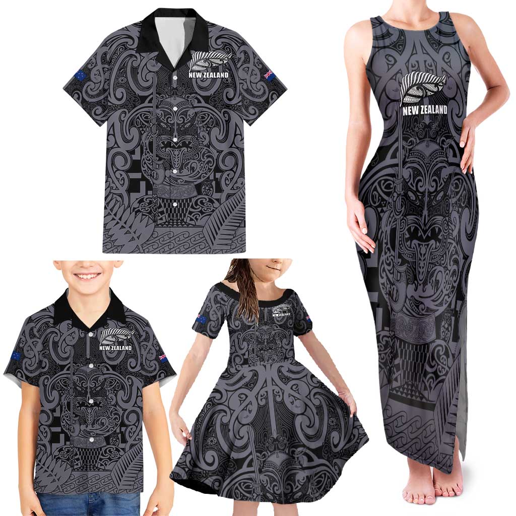 Custom New Zealand Taiaha Maori Family Matching Tank Maxi Dress and Hawaiian Shirt Minimalist Silver Fern All Black - Polynesian Pride