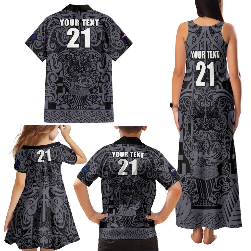 Custom New Zealand Taiaha Maori Family Matching Tank Maxi Dress and Hawaiian Shirt Minimalist Silver Fern All Black - Polynesian Pride