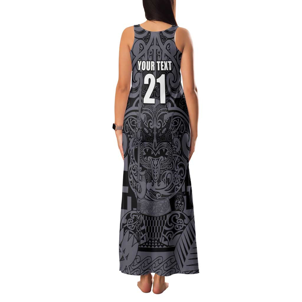 Custom New Zealand Taiaha Maori Family Matching Tank Maxi Dress and Hawaiian Shirt Minimalist Silver Fern All Black - Polynesian Pride