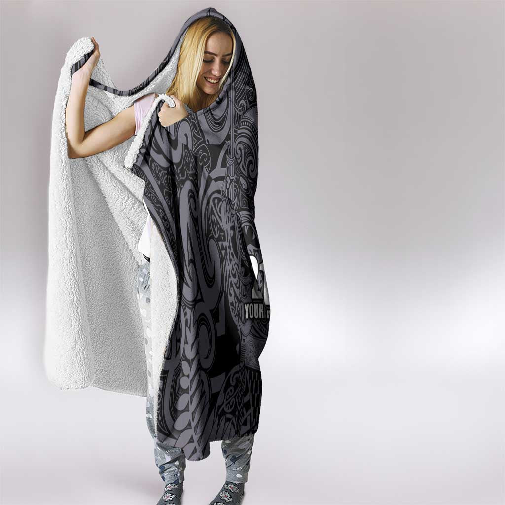 Custom New Zealand Taiaha Maori Hooded Blanket Minimalist Silver Fern All Black - Polynesian Pride