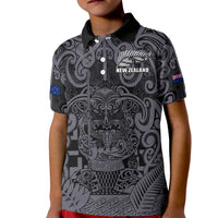 Custom New Zealand Taiaha Maori Kid Polo Shirt Minimalist Silver Fern All Black - Polynesian Pride