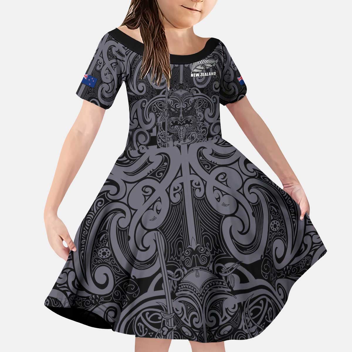 Custom New Zealand Taiaha Maori Kid Short Sleeve Dress Minimalist Silver Fern All Black - Polynesian Pride