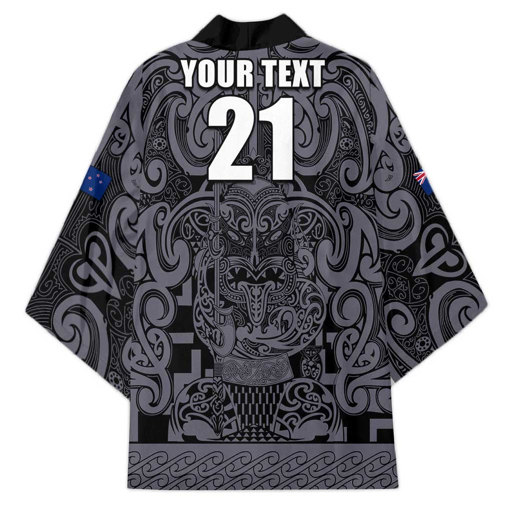 Custom New Zealand Taiaha Maori Kimono Minimalist Silver Fern All Black - Polynesian Pride