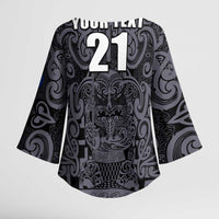Custom New Zealand Taiaha Maori Kimono Sleeve Blouse Minimalist Silver Fern All Black - Polynesian Pride
