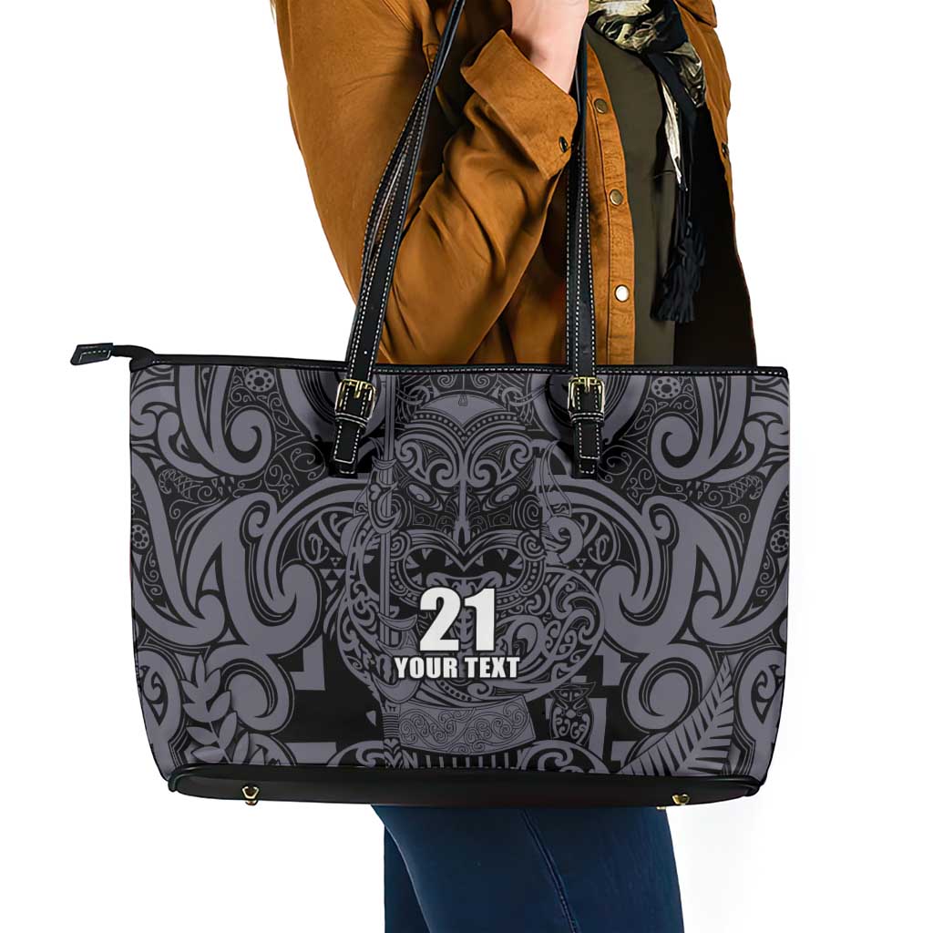Custom New Zealand Taiaha Maori Leather Tote Bag Minimalist Silver Fern All Black - Polynesian Pride